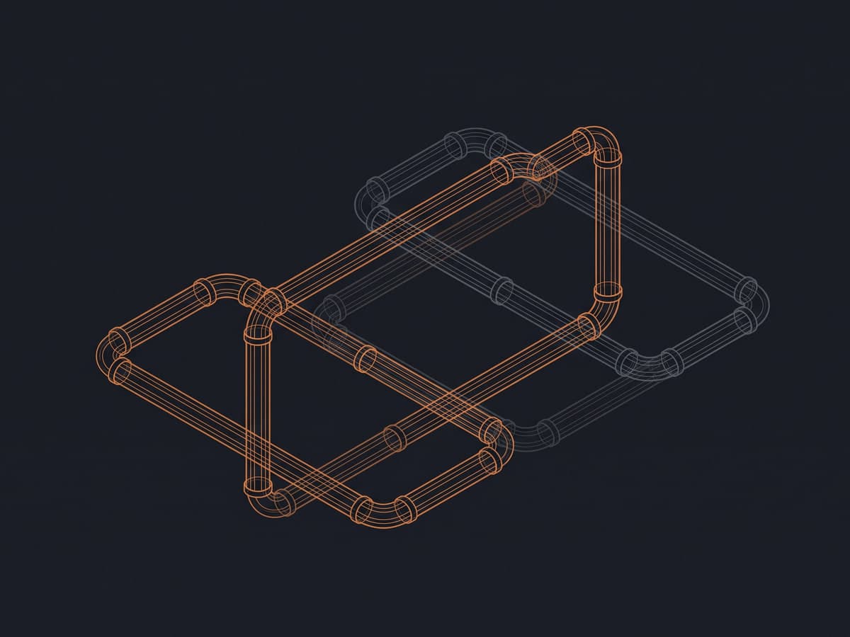 Isometric wireframe of a pipe run with a second, near-identical copy of the same run overlaid on it.